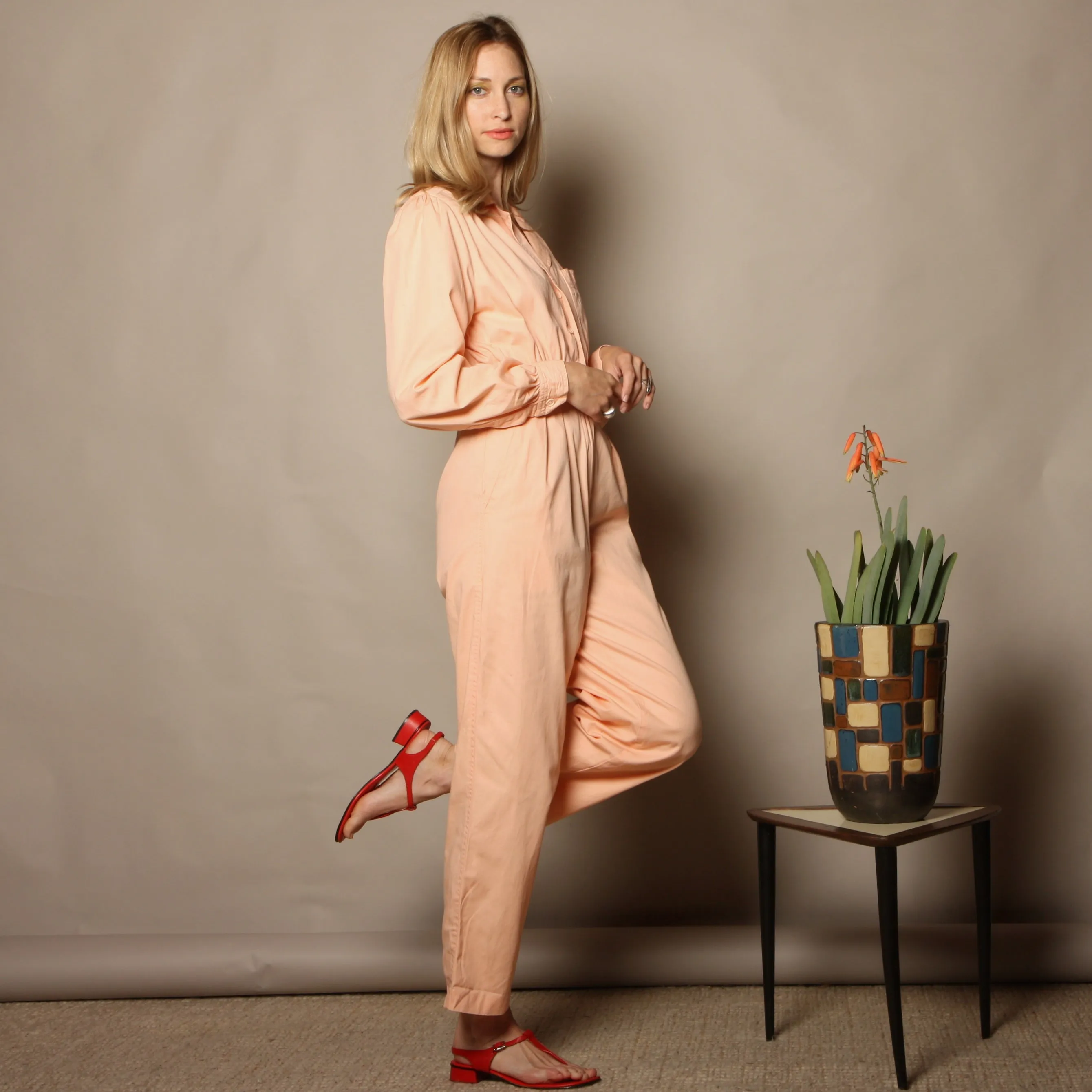 Vintage 70s Saks Fifth Ave Blush Cotton Jumpsuit