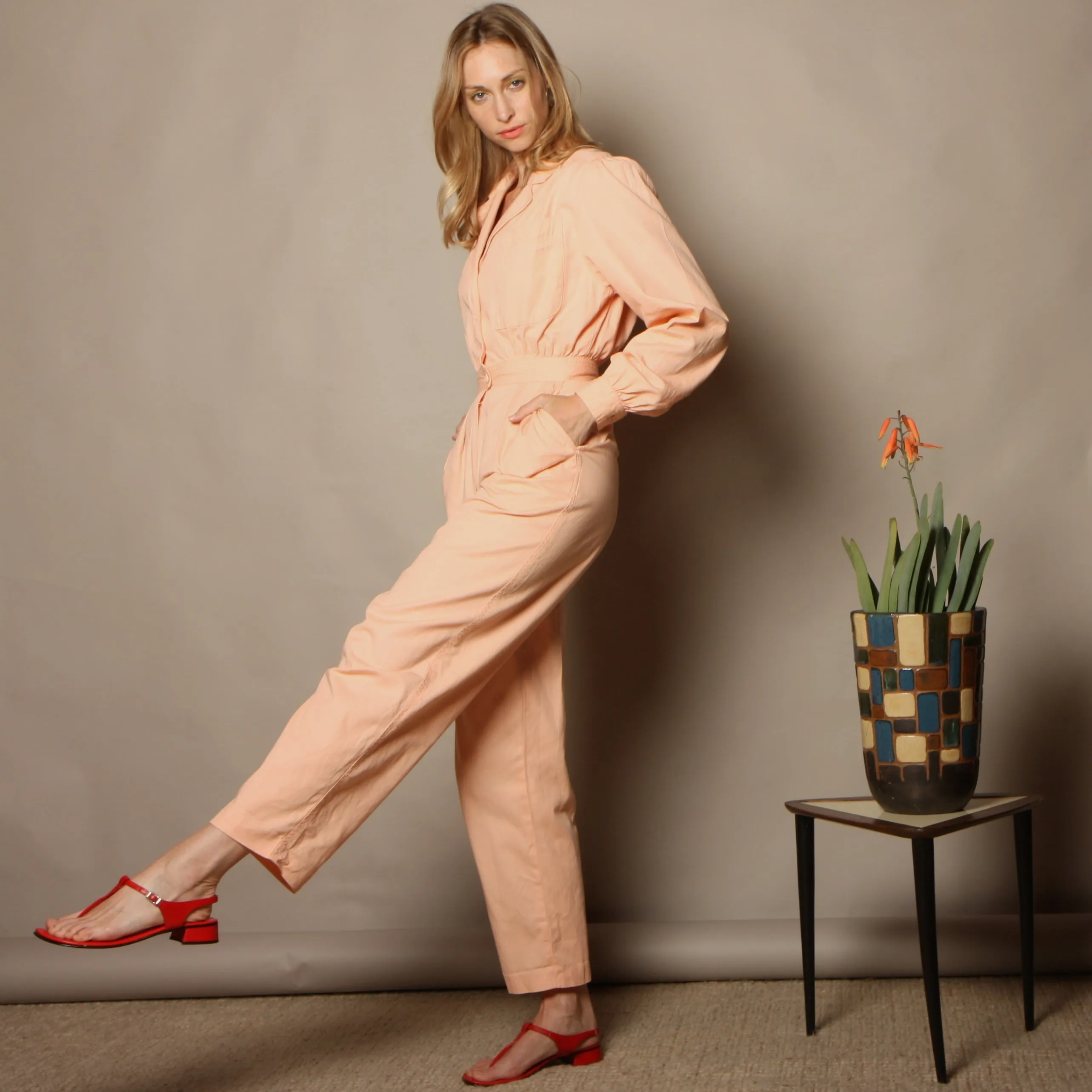 Vintage 70s Saks Fifth Ave Blush Cotton Jumpsuit