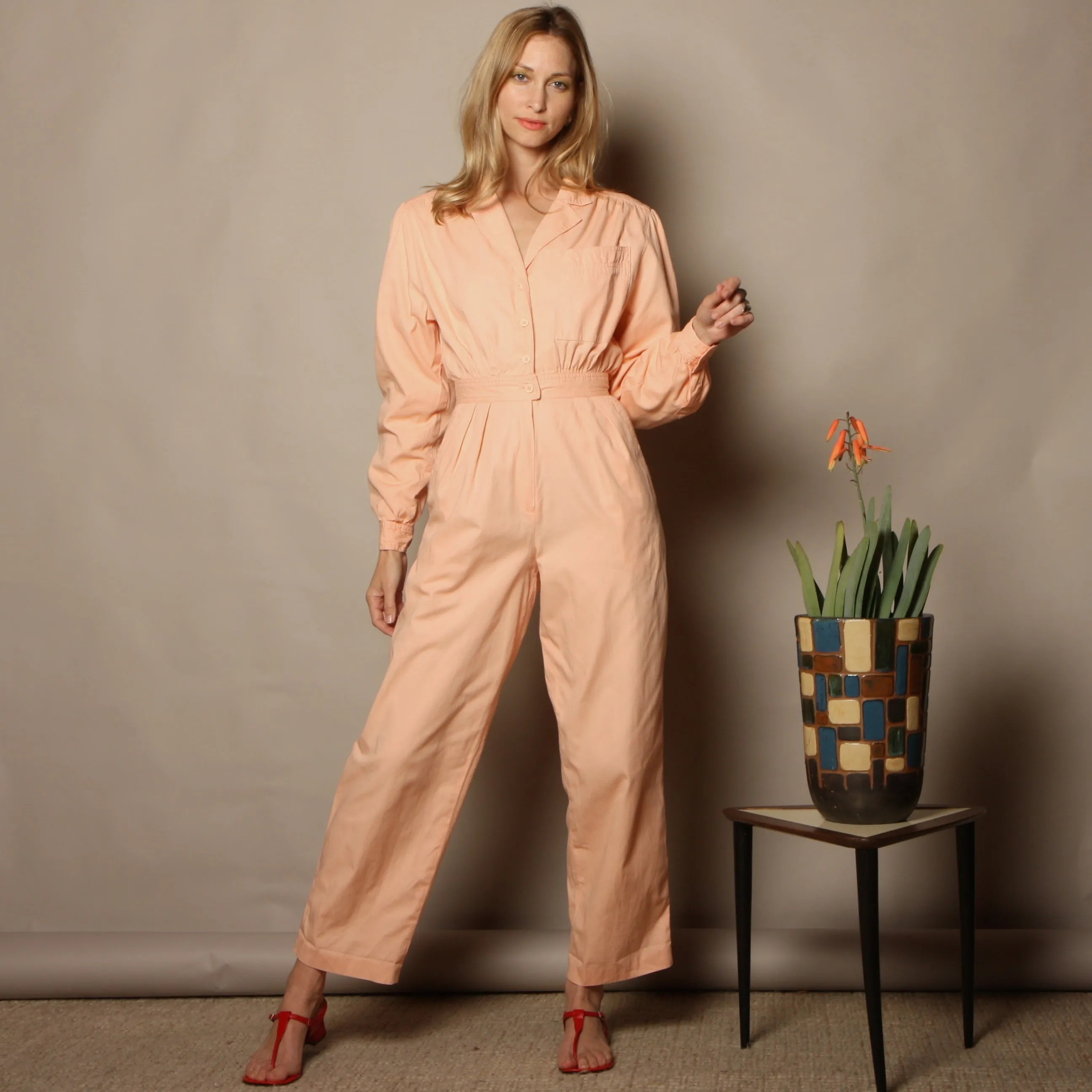 Vintage 70s Saks Fifth Ave Blush Cotton Jumpsuit