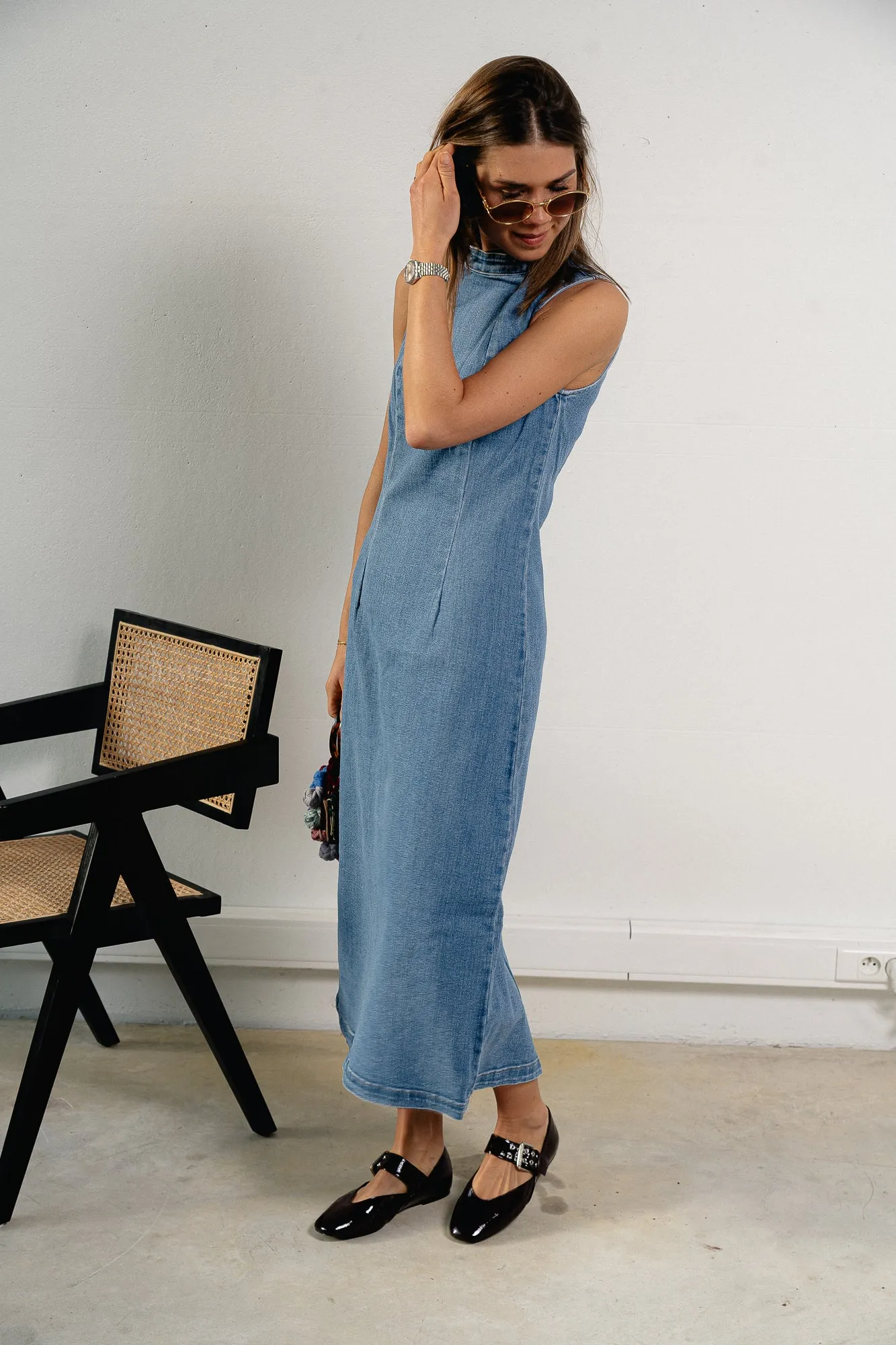 VIWinona S/L midi dress medium blue denim