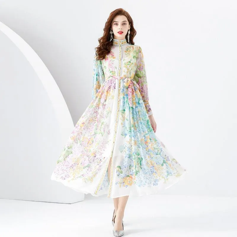 Wavy Edge Long Retro Printed Dress