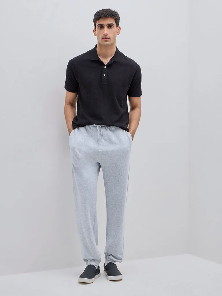 WES Casuals Black Self-Patterned Relaxed-Fit Cotton Polo T-Shirt
