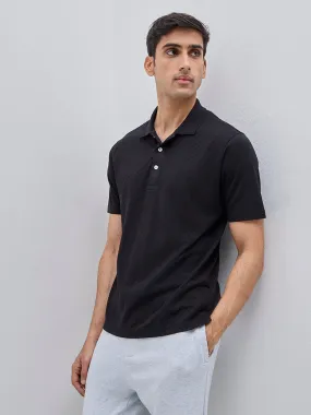 WES Casuals Black Self-Patterned Relaxed-Fit Cotton Polo T-Shirt