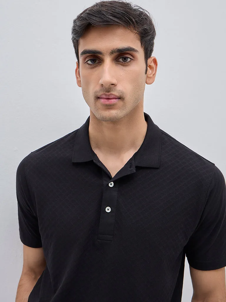 WES Casuals Black Self-Patterned Relaxed-Fit Cotton Polo T-Shirt