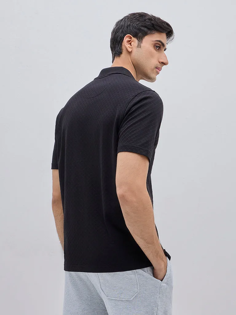 WES Casuals Black Self-Patterned Relaxed-Fit Cotton Polo T-Shirt