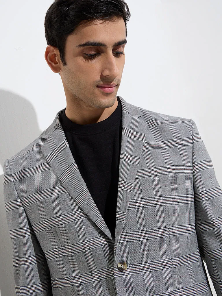 WES Formals Grey Plaid Design Slim-Fit Blazer