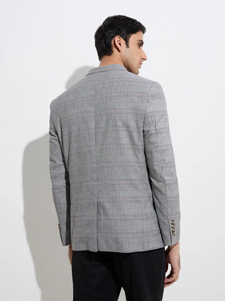 WES Formals Grey Plaid Design Slim-Fit Blazer