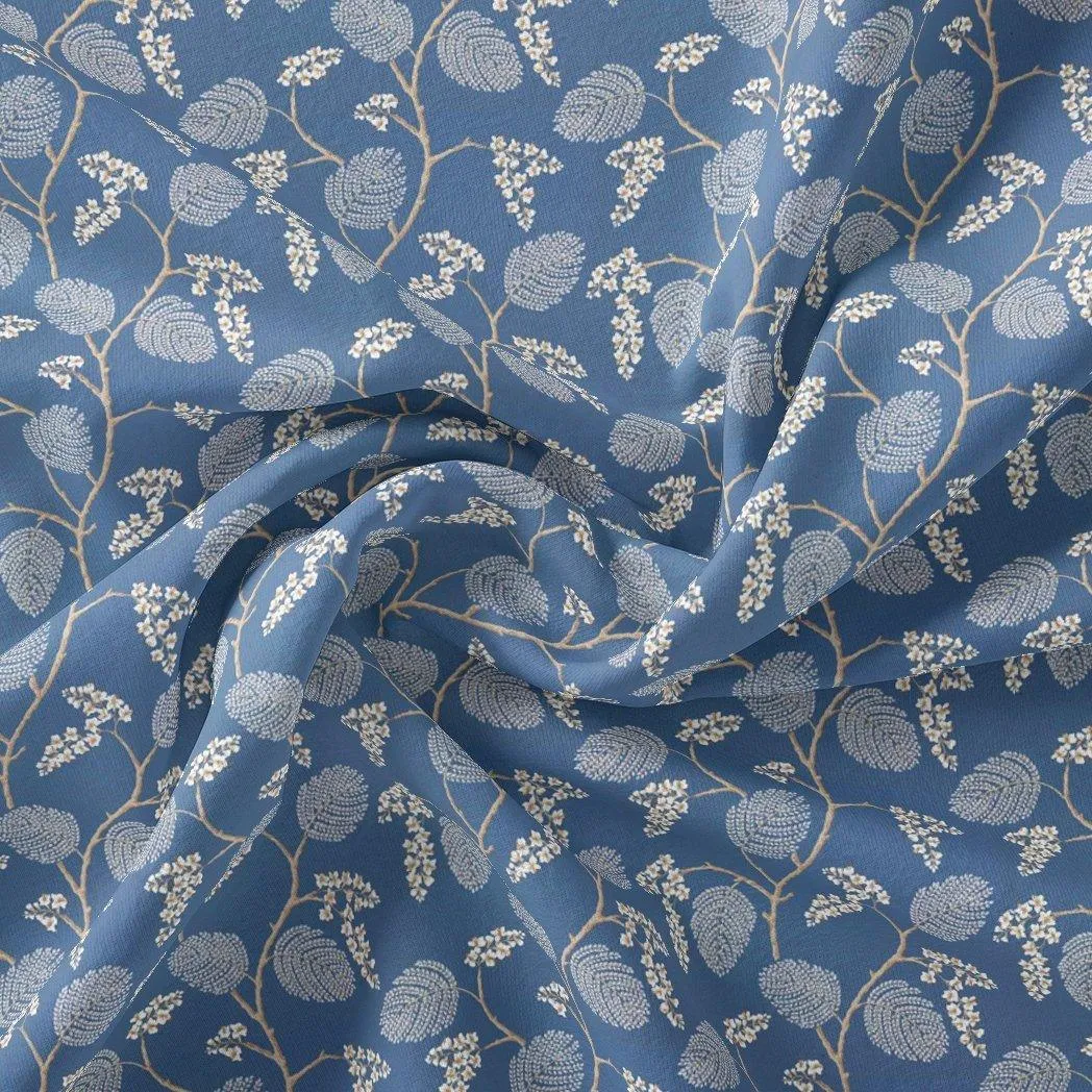 White Jasud Flower With Stalk Digital Printed Fabric - Rayon