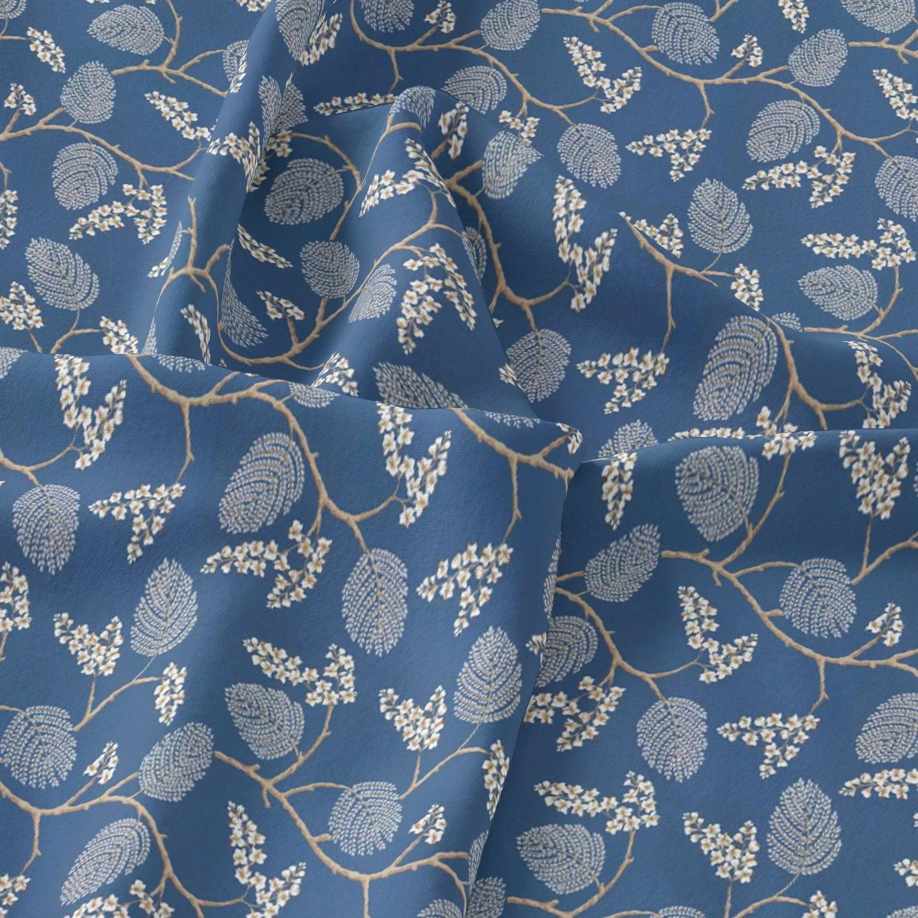 White Jasud Flower With Stalk Digital Printed Fabric - Rayon