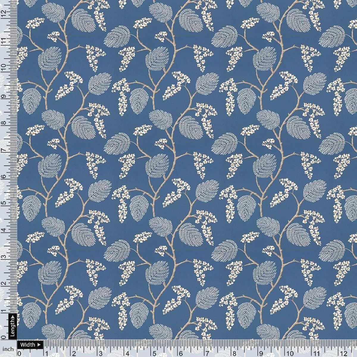 White Jasud Flower With Stalk Digital Printed Fabric - Rayon
