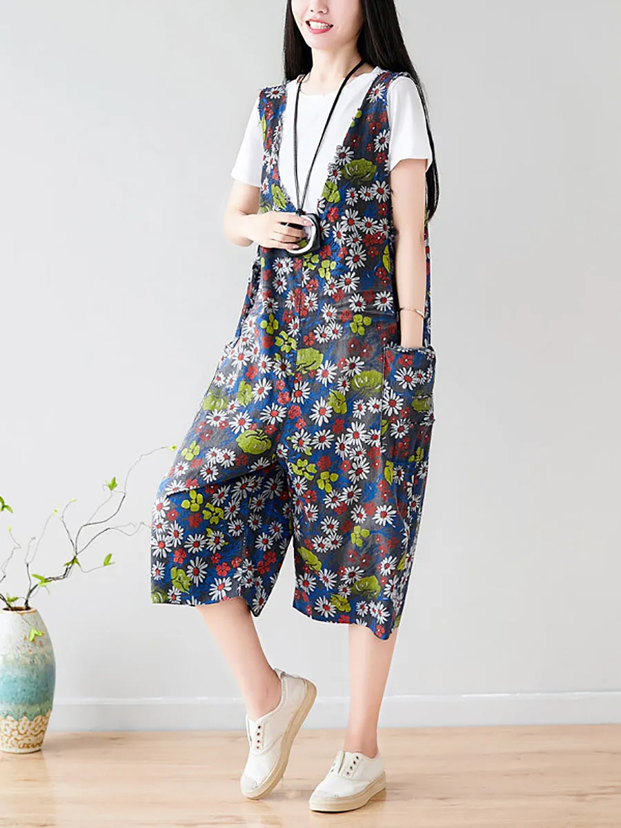 Women Summer Retro Floral Pocket V-Neck Loose Denim Jumpsuits