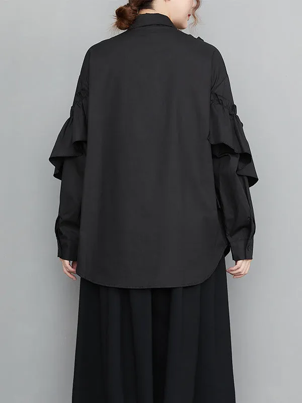 xakxx Casual Loose Long Sleeves Buttoned Ruffled Solid Color Lapel Collar Blouses&Shirts Tops