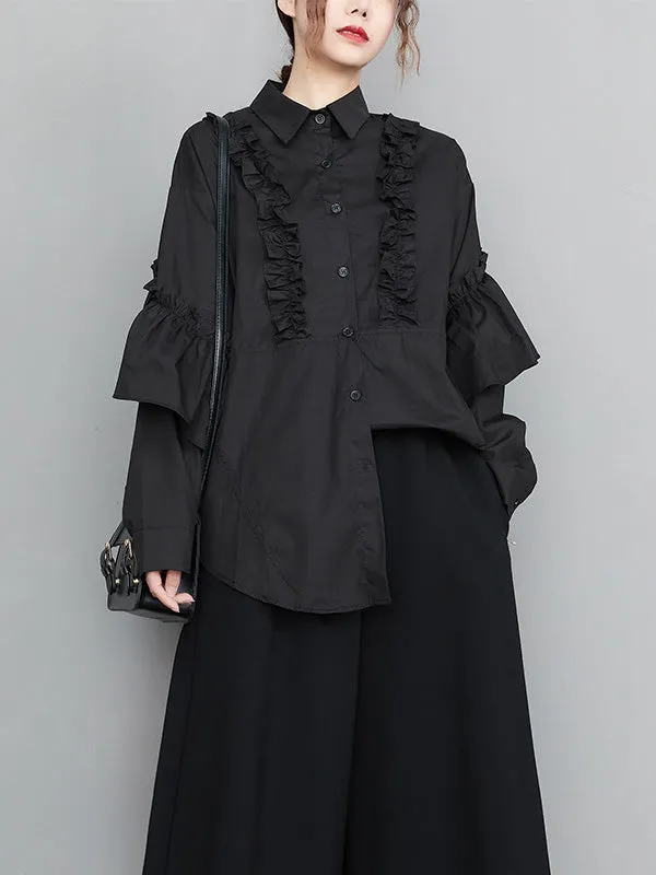 xakxx Casual Loose Long Sleeves Buttoned Ruffled Solid Color Lapel Collar Blouses&Shirts Tops