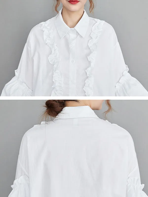 xakxx Casual Loose Long Sleeves Buttoned Ruffled Solid Color Lapel Collar Blouses&Shirts Tops