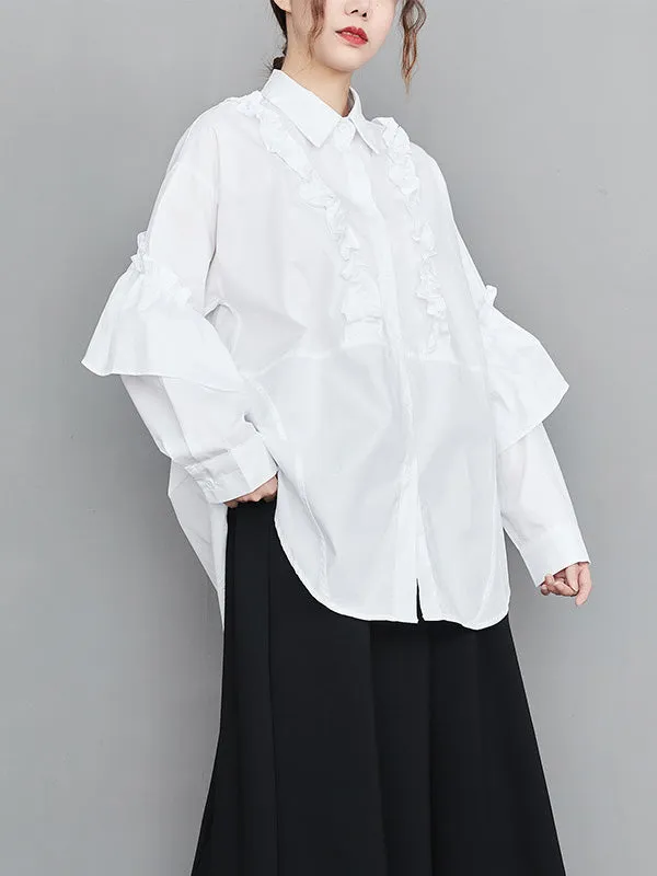 xakxx Casual Loose Long Sleeves Buttoned Ruffled Solid Color Lapel Collar Blouses&Shirts Tops