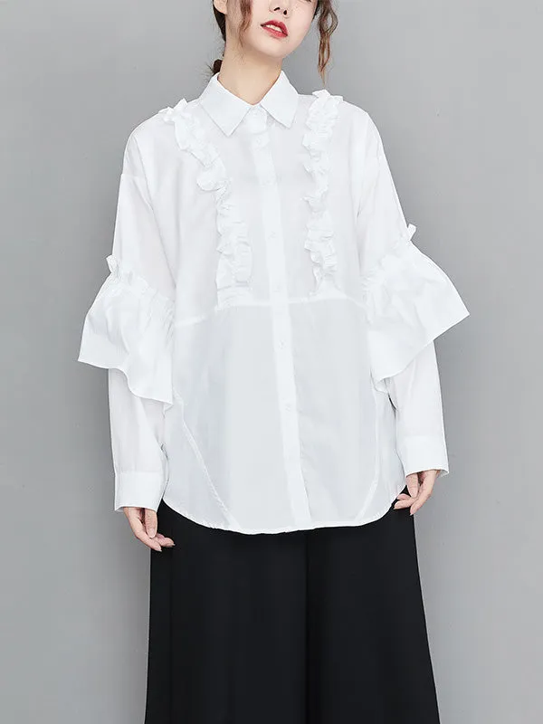 xakxx Casual Loose Long Sleeves Buttoned Ruffled Solid Color Lapel Collar Blouses&Shirts Tops