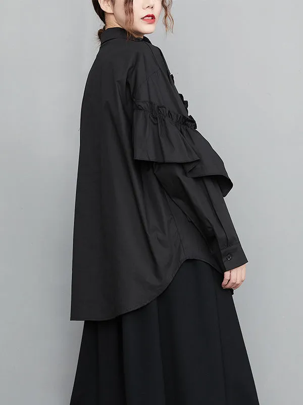 xakxx Casual Loose Long Sleeves Buttoned Ruffled Solid Color Lapel Collar Blouses&Shirts Tops