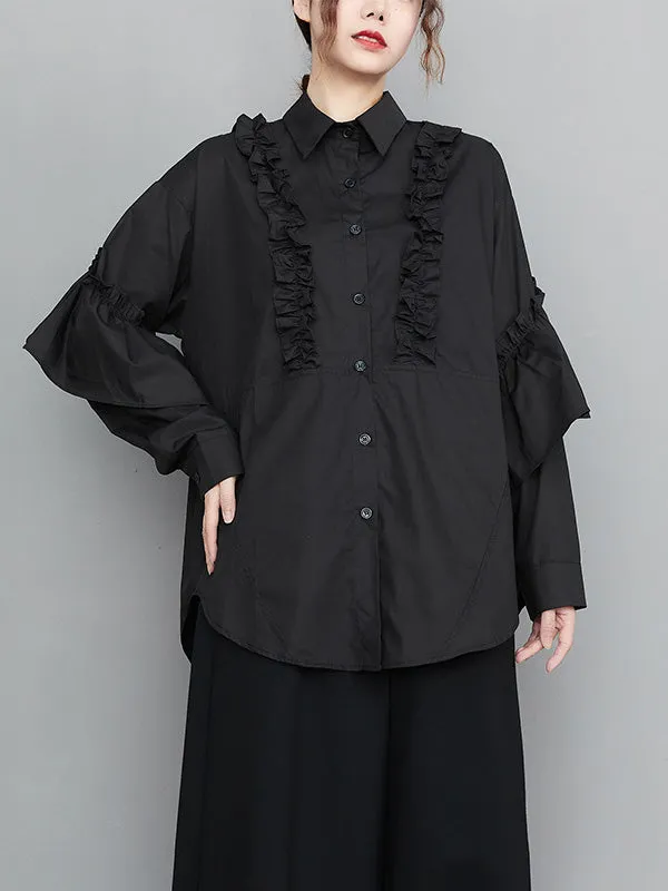xakxx Casual Loose Long Sleeves Buttoned Ruffled Solid Color Lapel Collar Blouses&Shirts Tops