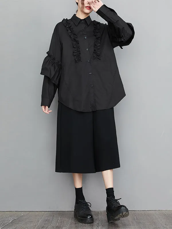 xakxx Casual Loose Long Sleeves Buttoned Ruffled Solid Color Lapel Collar Blouses&Shirts Tops