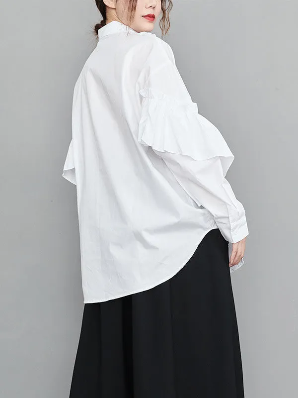 xakxx Casual Loose Long Sleeves Buttoned Ruffled Solid Color Lapel Collar Blouses&Shirts Tops