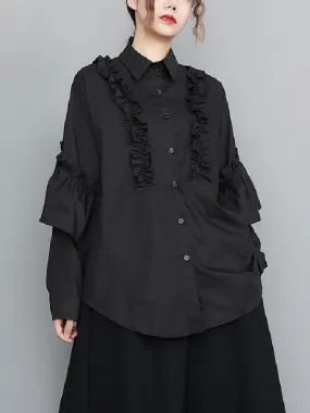 xakxx Casual Loose Long Sleeves Buttoned Ruffled Solid Color Lapel Collar Blouses&Shirts Tops