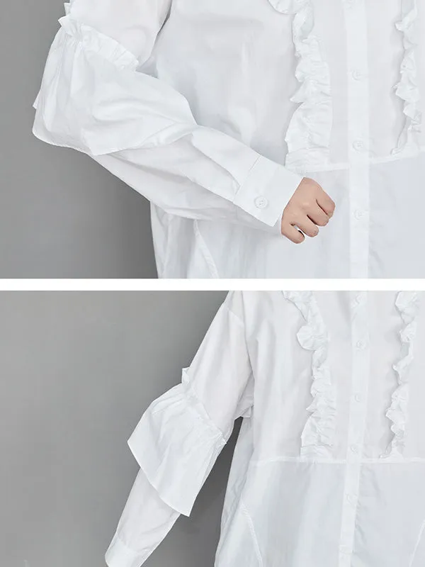 xakxx Casual Loose Long Sleeves Buttoned Ruffled Solid Color Lapel Collar Blouses&Shirts Tops