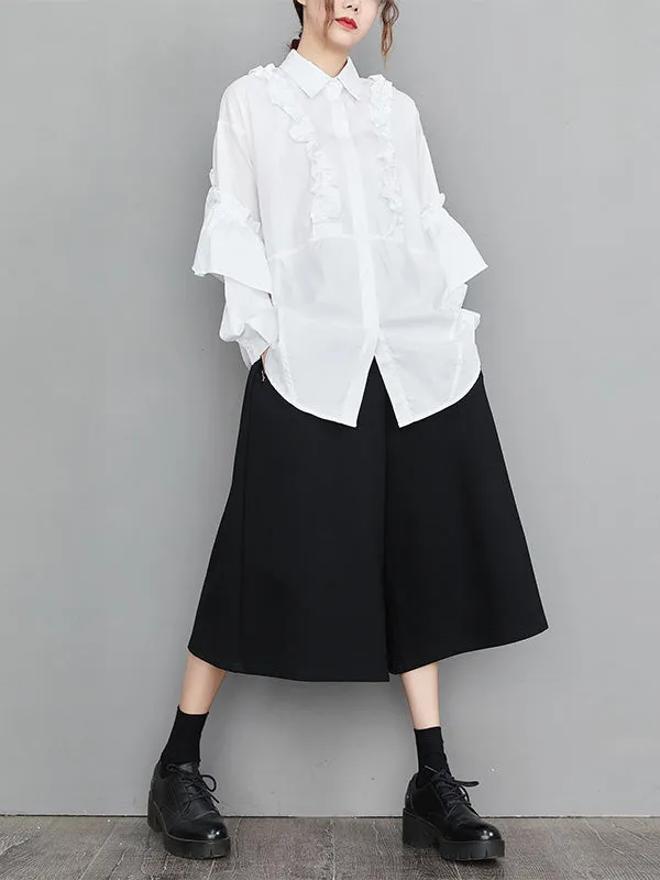 xakxx Casual Loose Long Sleeves Buttoned Ruffled Solid Color Lapel Collar Blouses&Shirts Tops