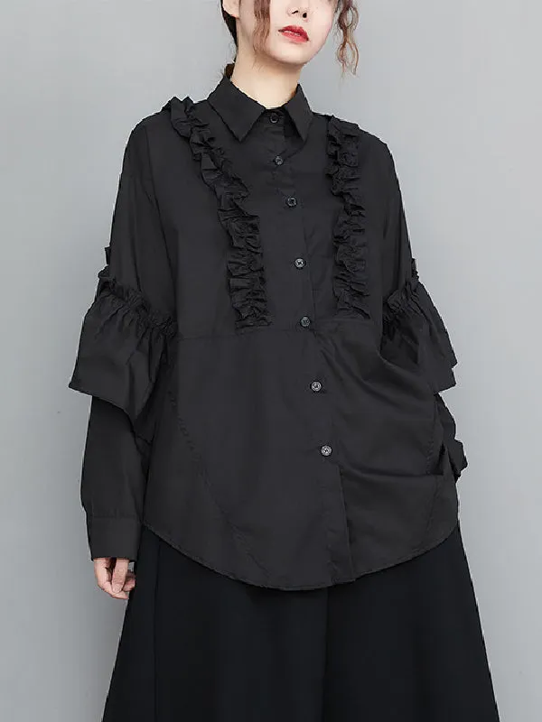xakxx Casual Loose Long Sleeves Buttoned Ruffled Solid Color Lapel Collar Blouses&Shirts Tops