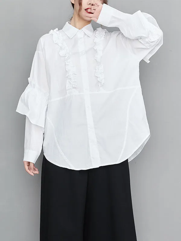 xakxx Casual Loose Long Sleeves Buttoned Ruffled Solid Color Lapel Collar Blouses&Shirts Tops