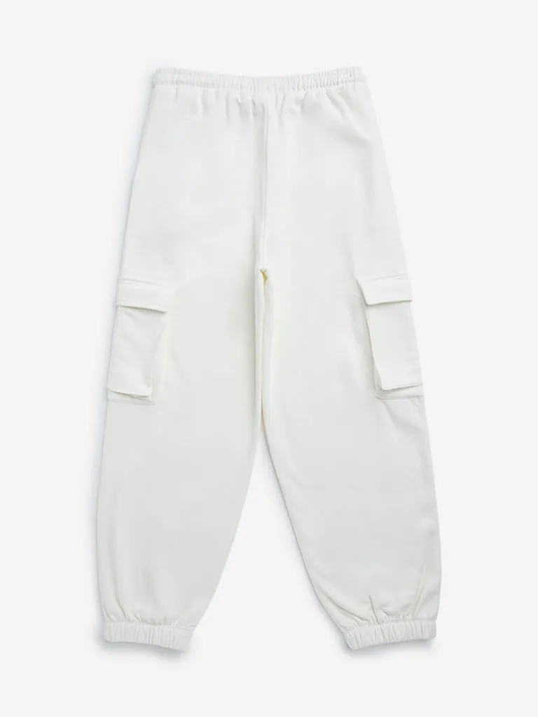 Y&F Kids Off-White Cargo-Style Mid-Rise Cotton-Blend Joggers