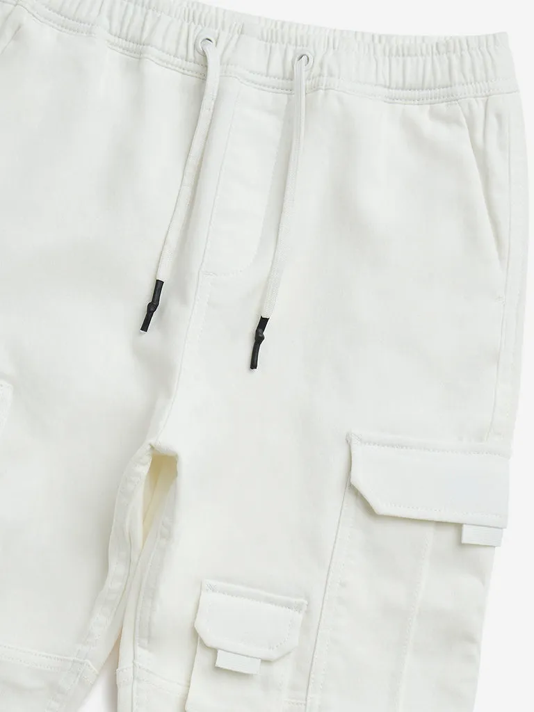 Y&F Kids White Cargo-Style Mid-Rise Cotton-Blend Joggers