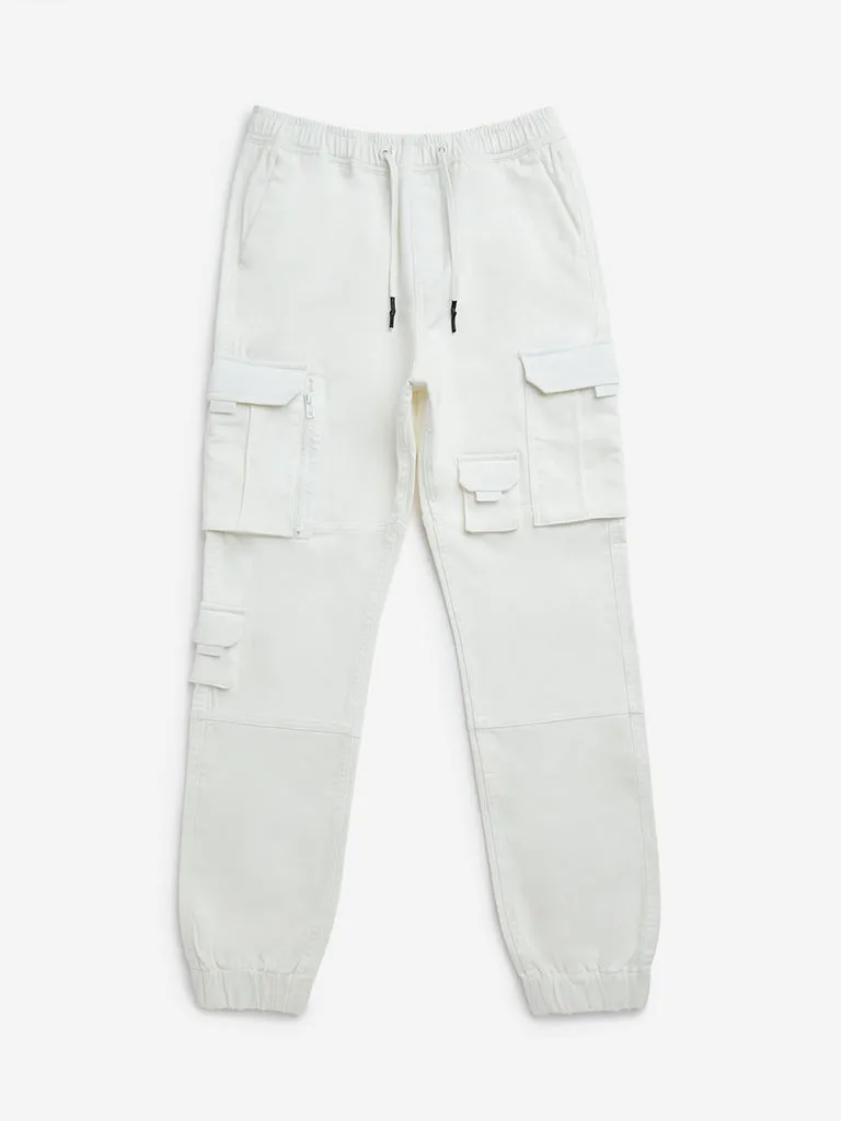 Y&F Kids White Cargo-Style Mid-Rise Cotton-Blend Joggers